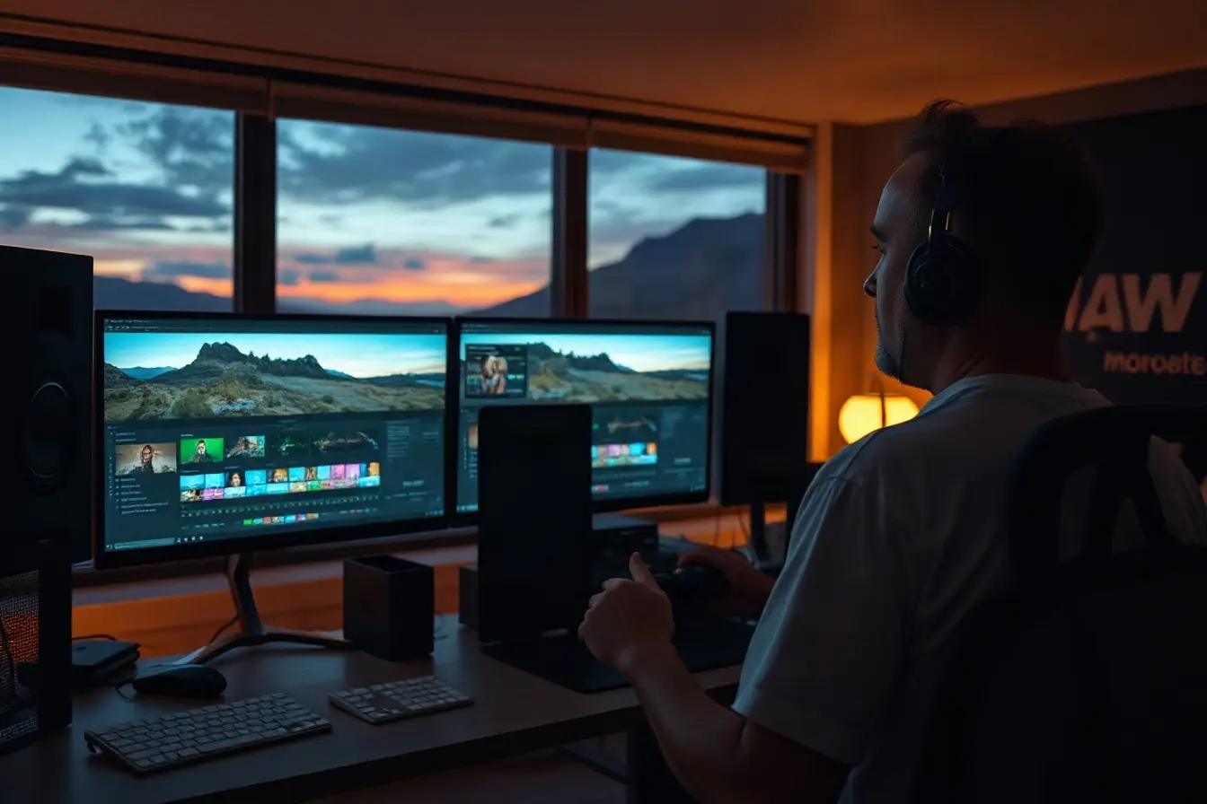 Video editing suite at dusk